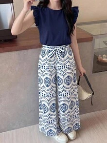 SHEIN Teen Girls Co-Ords Woven Blue Flutter Sleeve Tank Top & Printed Long Pants Casual 2 Pieces Set - Blue and White - View 2