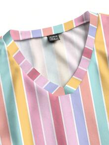 PopScrub Women's Round Neck Short Sleeve Colorful Striped Print Pattern Top - Multicolor - View 5