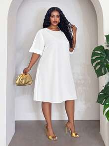 Slaydiva Plus Size Women's Tunic Dress, Solid Color Rolled Short Sleeve Loose Shift Dress, Business Casual Daily Commute Curvy Mini Dress Holiday White Summer - White - View 6