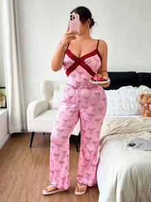 Slumberry CURVE Sweet Ins Colorblock Bow Print Patchwork Criss-Cross Lace Bow Camisole & Flare Pants Comfortable Slimming Plus Size Pajama Set - Pink - View 5