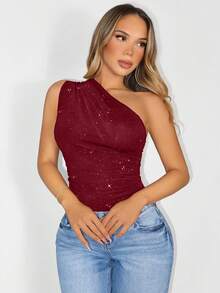 Sirith Solid Color Draped Asymmetric Collar Elegant Sleeveless Bodysuit - Burgundy - View 8