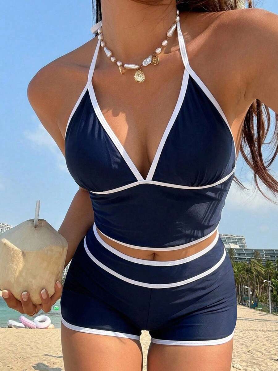 Livesso Women's Summer Beach Colorblock Halter Neck Tie Tankini And Shorts Two-Piece Swimwear Set Navy And White Coastal Active - Navy Blue - View 1