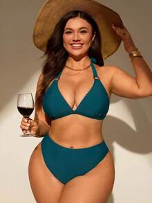 SHEIN Swim Curve 休閒度假女款大尺碼泳裝套裝 - 水鴨藍 - 查看 4