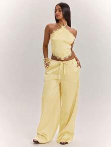 SHEIN BAE Solid Color Lace Trim Backless Halter Top And Long Pants Set - Yellow - View 7