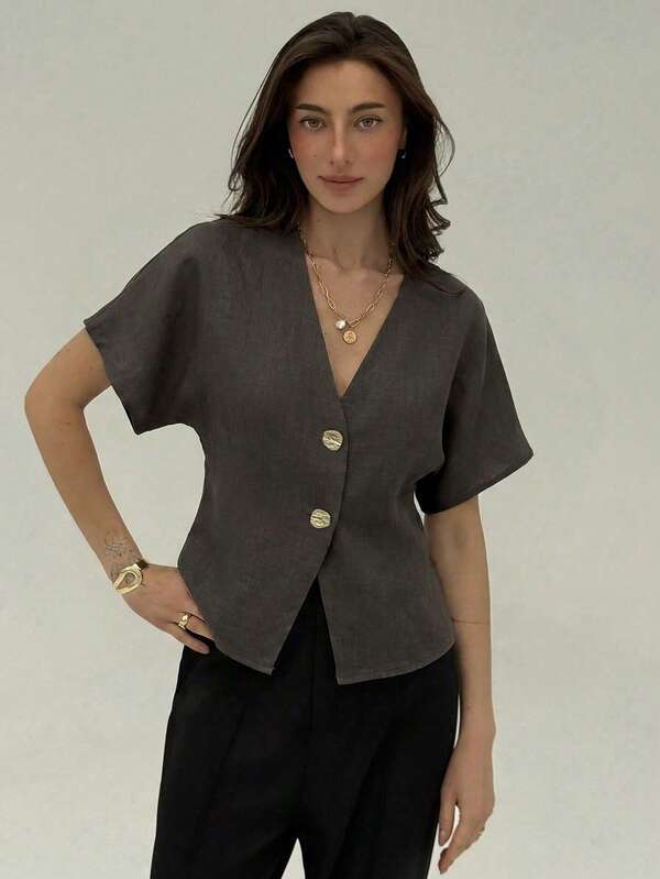 Aloruh Elegant French Minimalist Batwing Sleeve Double-Breasted Open Front Solid Charcoal Gray Shirt Teachers' Day Brunch Office Summer