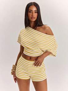 SHEIN BAE Women's Striped Asymmetric Shoulder Short Sleeve Top And Low Waist Shorts Set, Spring/Summer Striped Two Pieces Set, Summer Two Pieces Set, Casual Two Pieces Set, Comfortable Two Pieces Set, Suitable For Beach Vacation And Daily Casual Wear, Basic Style/Summer/Beach/Outing Outfit, Striped Set - Yellow - View 4