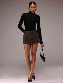 SHEIN BAE Women's Dark Brown Fashion Sexy 1960s Vintage Party Bar PU Leather Belt Buckle Ultra Low Waist Mini Skort, Nightclub Leggings, Suede Skirt, Autumn - Brown - View 3