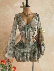 Soleia Conjunto de 2 piezas de blusa y falda casual para vacaciones de mujer - Verde militar - Ver 3