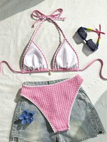 Swim Vcay 女款兩件式泳衣套裝，特殊面料，掛脖繫帶，露背，貝殼設計，夏季度假海灘穿搭 - 彩色 - 查看 2