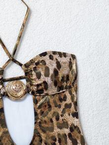 Swim SXY 2026 Hot-Selling Metal Accessory Gold Foil Leopard Print Sexy Halter Neck One-Piece Beach Swimsuit - Gold - View 7