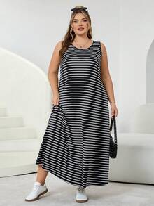 SHEIN CURVE+ 大尺碼女款夏季洋裝、女款夏季洋裝、女款度假洋裝、女款夏季洋裝、畢業洋裝、商務休閒女款太陽裙、女款辦公洋裝、畢業洋裝、新時尚休閒通勤、條紋無袖口袋洋裝、長洋裝、A字裙、黑白條紋洋裝、休閒洋裝/2026/新年 - 黑與白 - 查看 8
