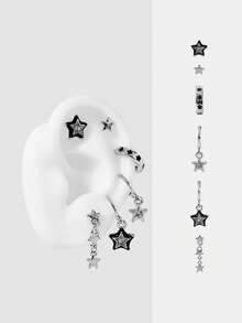 MortiRose 6pcs Minimalist Metal Black Drip Oil Star Hoop Earrings & Stud Earrings Set, Multi-Piece Earring Set For Party - Black Star - View 1