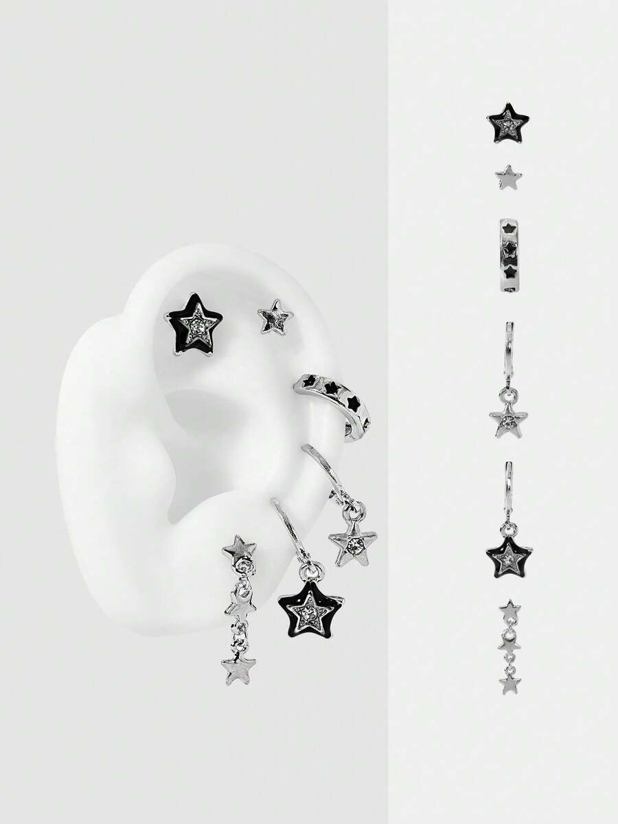 MortiRose 6pcs Minimalist Metal Black Drip Oil Star Hoop Earrings & Stud Earrings Set, Multi-Piece Earring Set For Party - Black Star - View 1