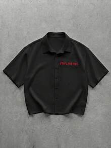 Manfinity VCAY 男士字母刺繡短袖單排扣休閒襯衫 - 黑色 - 查看 2