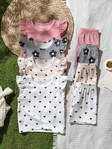 SHEIN Vintaside Kids 8件組女嬰夏季套裝，春/夏季新款休閒日常外出可愛趣味簡約愛心/花朵條紋荷葉袖背心T恤與短褲圖案印花島嶼風 - 彩色 - 查看 3
