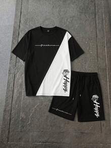 Lornexis Men's Summer Letter & Floral Print Round Neck Short Sleeve Casual T-Shirt And Drawstring Waist Shorts Set - Black and White - View 4