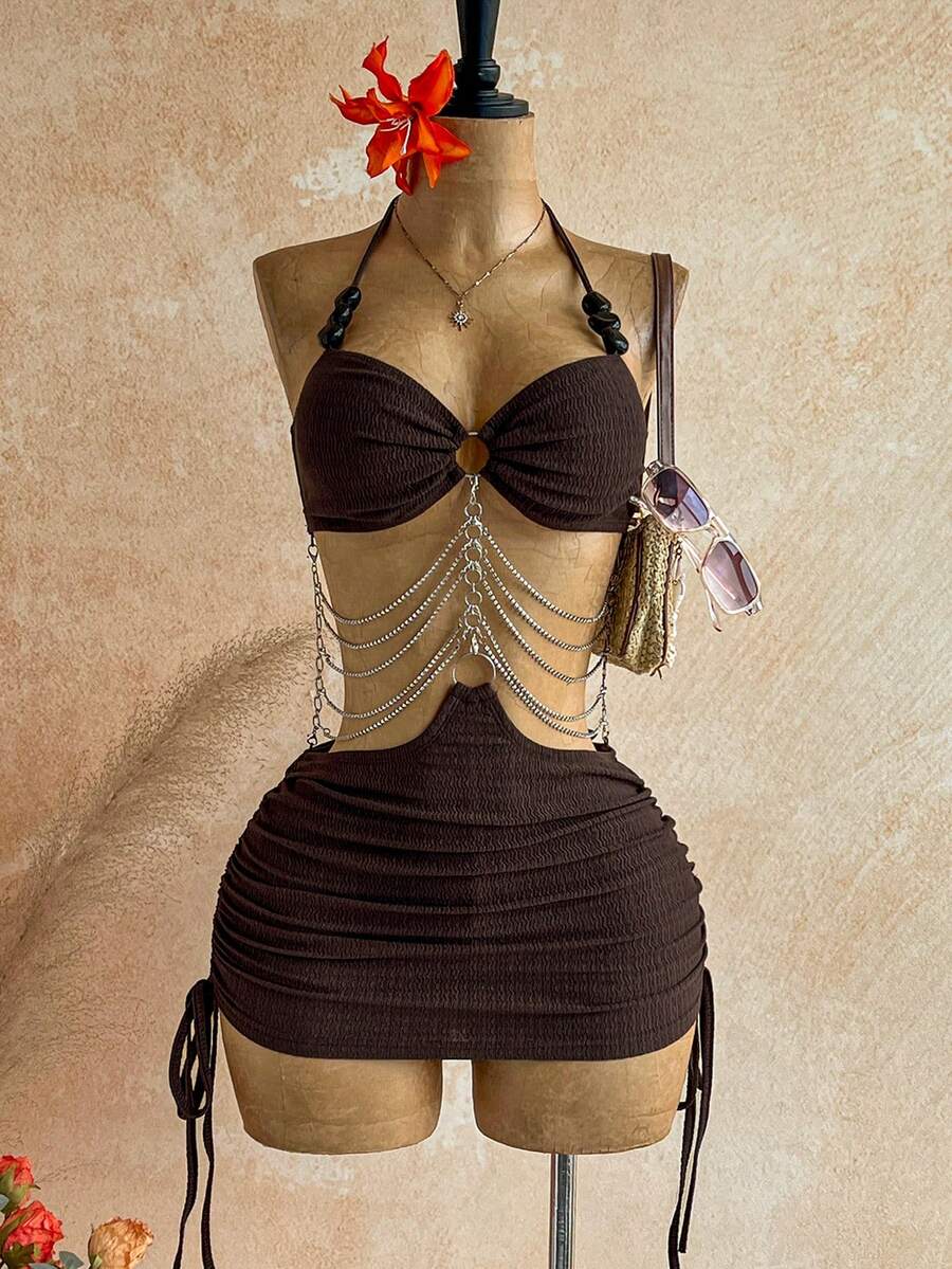 Soleia Women's Sexy Chain Decor Backless Halter Neck Mini Dress For Summer Beach Night Out Dark Brown - Brown - View 1