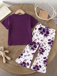 SHEIN Sparklyn 2件/套 女童夏季新款圓領T恤 親膚柔軟面料，紫色女童夏季新款圓領T恤搭配印花喇叭褲，清新百搭 - 彩色 - 查看 4