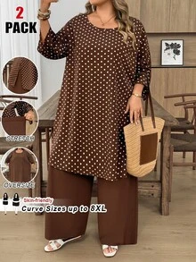 SHEIN CURVE+ 2件組大尺碼女款夏季休閒度假度假村鄉村風圓領3/4袖側開衩波點棕色長版上衣與長褲套裝，附口袋，夏季假期、春假穿搭、度假穿搭、女款假日穿搭、春季洋裝、外出穿搭、2026新款、簡約時尚日常穿搭、波西米亞套裝、女款波西米亞長褲套裝、兩件套、寬褲套裝、保守兩件套、女款休閒兩件套、短袖兩件套 - 棕色 - 查看 8