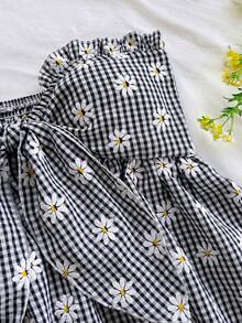 Soleia 女款條紋印花荷葉邊飾前打結無袖抹胸上衣與休閒短褲2件套，適合派對、海灘 - 黑與白 - 查看 5