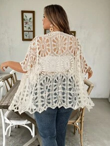 SHEIN CURVE+ Plus Size Women's Solid Color Tie-Front Casual Versatile Daily Outing Cardigan - White - View 2