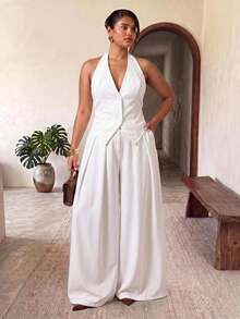 Truni Plus Size Casual Elegant Vacation Wide-Leg Two Pieces Set Formal Party Formal Office White Summer - White - View 7