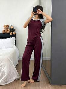 Napfluff Conjunto de pijama casual de pantalón largo y manga raglán para mujer - Rojo - Ver 3