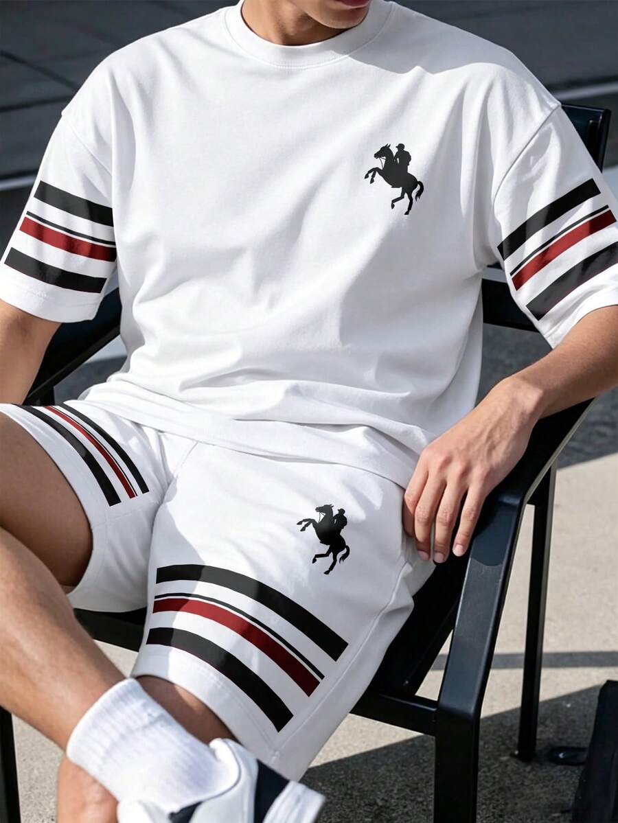Manfinity Homme 男士夏季休闲运动日常通勤撞色条纹印花宽松T恤和短裤套装(2件套) - 白色 - 查看 1