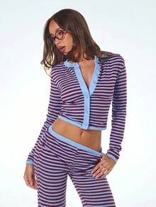 SHEIN ICON 2件組女款條紋長袖單排扣上衣與長褲休閒套裝 - 彩色 - 查看 7