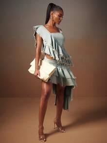 NYA SZN HIGH LOW RUFFLED DENIM ROCK MIT AUSGEFRANSTEN KANTEN - Helle Waschung - Übersicht 6