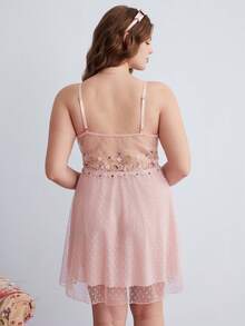 Elorette 溫柔甜美風波點網紗睡袍 & 刺繡花卉吊帶睡裙 2件組居家服套裝，甜美少女風 - 粉色 - 查看 5