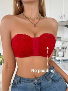SHEIN 1件婚禮蕾絲無鋼圈前扣式無肩帶胸罩 - 紅色 - 查看 4