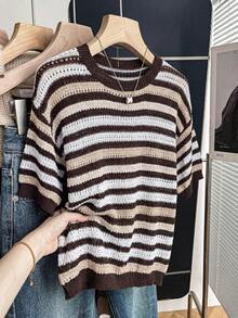 SHEIN Women's Basic Minimalist Casual Boho Fashion Vacation Brown Striped Colorblock Short Sleeve Knit Top Vacation Autumn - Brown - View 3
