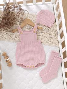 SHEIN Newborn Baby Girls' Pink Knit Romper, Socks & Hat 3-Piece Set, Solid Color & Versatile, Perfect For Daily Wear In Spring, Autumn, And Winter - Pink - View 5