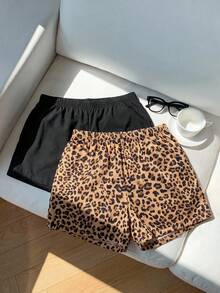 SHEIN 2件套青少年/少女服装 - 经典时尚短裤，两侧饰有4条白色条纹；亮丽黑色豹纹长裤，适合外出和旅行 - 彩色 - 查看 2