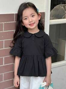 Dazy Kids 女童秋季圓領針織短袖T恤夏季上衣 - 黑色 - 查看 4
