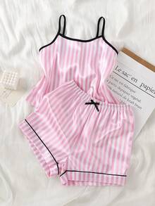 Girls Pink & White Striped Minimalist Print Faux Silk Camisole Top And Shorts Comfortable 2 Pieces Loungewear Set - Pink - View 3