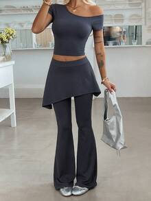 DAZY Women's Solid Color Asymmetrical Shoulder Short Sleeve T-Shirt 2 In 1 Flare Pants Casual Two Pieces Set Summer Dark Grey Night Out Going Out - Grey - View 1