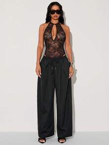 Normani 女款黑色蕾絲性感扣環領口露背無袖連身內衣 - 黑色 - 查看 5