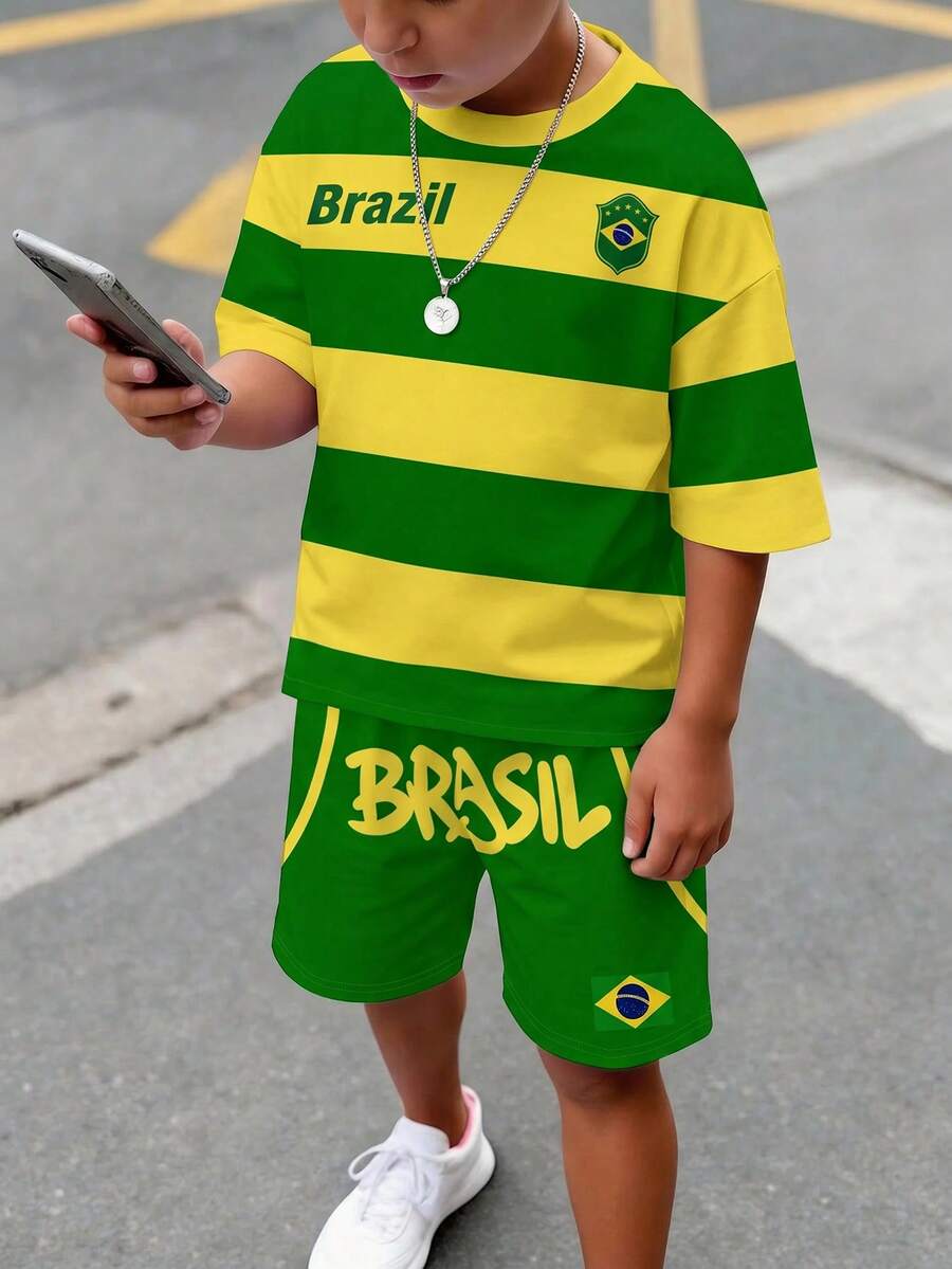 Young Boy Casual Minimalist T-Shirt Set, Classic Sports Style Striped Pattern Print, Brazil Color Striped Pattern Print, Brazil Flag Pattern Print, Brazil Text Pattern Print, Sports Football Brazil Pattern Print, Suitable For Spring/Summer, Suitable For Sports - Multicolor - View 1