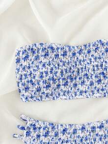 Swim Mod 2026 Spring/Summer Women's Bandeau Ruched White With Blue Floral Random Print Backless Sexy Vacation High Cut Side Bikini Swimsuit 2-Piece Set - Blue and White - View 4