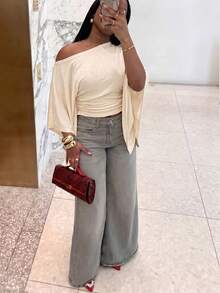 Lumalex Women's Asymmetrical Shoulde Batwing Sleeve Fashion Elegant Top Decoration Body-Contouring Draped Bodice For Summer Date,Vacation,Party & Weddings - Apricot - View 7