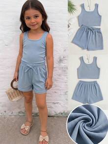 Emery Rose Kids Emery Rose Kids 2件套女童纯色针织圆领背心和短裤套装，舒适浅蓝色罗纹短款背心和短裤家居服两件套，青少年夏季套装，青年夏季休闲套装，时尚女童夏季套装，罗纹针织短裤套装 - 藍色 - 查看 6