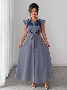 Elenzga Abito-blusa estivo da donna taglie forti, elegante e casual, stile europeo & americano da pendolare, con maniche a volant, vita stretta, gonna a trapezio, fiocco arricciato, vintage e glamour, adatto per festival musicali, pendolarismo, shopping - Blu Navy - Visualizzare 4