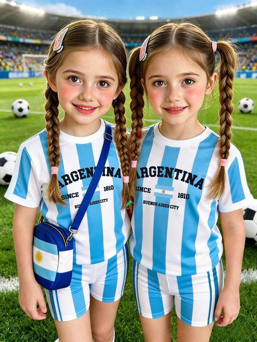 2pcs Set Young Girl Blue And White Color Block, Contrast Collar, Young Girl Casual Minimalist Short Sleeve Slim Fit Crew Neck T-Shirt Paired With Matching Tight Shorts, Suitable For Spring And Summer Daily Wear, Outdoor Activities, Sports, World Cup Events, Vacation, Holiday Outfits, Spring And Summer Attire, Easy And Comfortable, Fashionable Girl, Casual - Multicolor - View 1