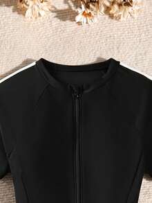 SHEIN 少女黑色冲浪泳衣针织套头衫，休闲日常海滩装，适合海洋运动、度假、拍照，也适合夏威夷度假和夏季穿着。 - 黑色 - 查看 4