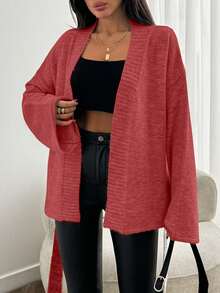 EURMUSE Women's Solid Drop Shoulder Long Sleeve Loose Tie-Waist Casual Cardigan,Petite Cardigans,Cardigans - Dusty Pink - View 6