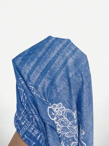 SHEIN Clasi 大尺碼女款時尚仿牛仔印花拼接撞色鈕扣修身內搭褲 - 淺藍色 - 查看 8
