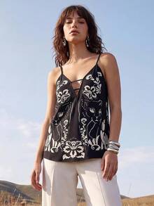 CAJUNI Tropical Vacation Black Leopard Straps Top - Black and White - View 1