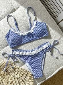 Swim Mod Girls' Striped Tank Top Swim Top And V-Shaped Bikini Bottoms 2 Pieces Set - Blue - View 4